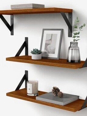 New Walnut Brown Wall Bookshelf for Bedroom, Wooden Floating Book Shelves